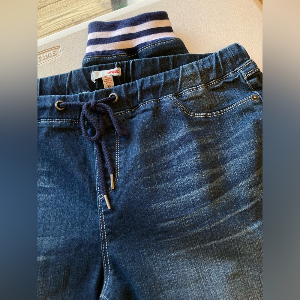 Dark Wash Elastic Waist Sporty Stripe Cuff Sweatpants Jeans - Picture 7 of 13